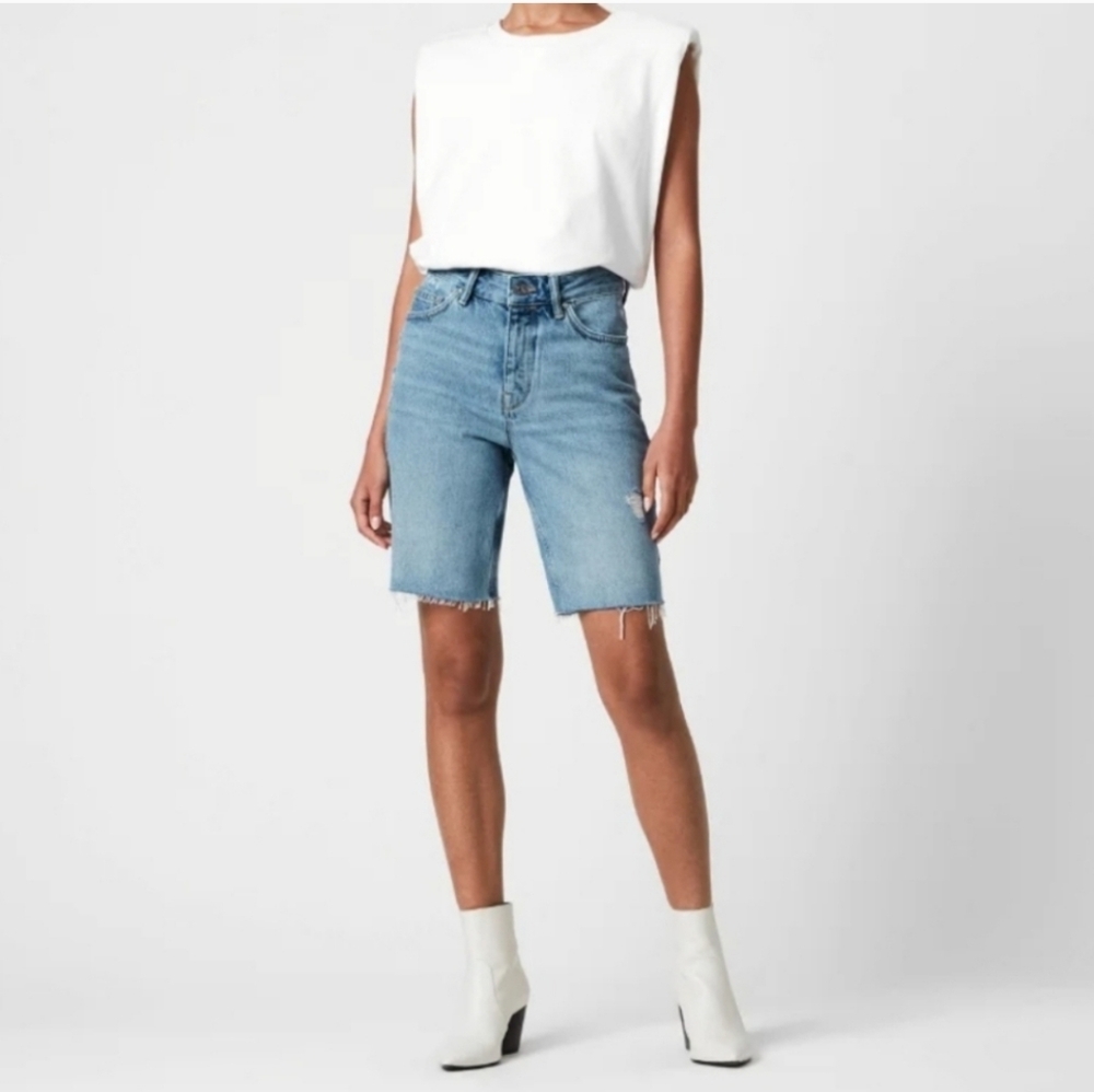 All Saints Blue Jean Shorts with Frayed Hem